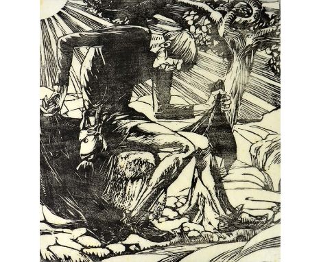 Mabel Royds (1874-1941), Man With the Sun in his Cloak, woodblock print, signed, 30cm x 28cm, unframed