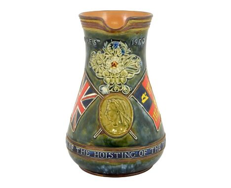 A Doulton Lambeth stoneware commemorative Boer War jug, baluster form, tubeline decorated with portrait plaque of Queen Victo