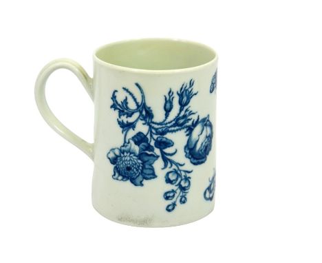 A Worcester blue and white transfer printed mug, circa 1760, sunflower and rose, 9cm high