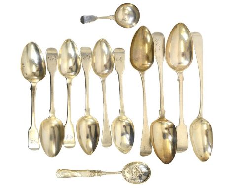 George III and later silver fiddle pattern flatware, including dessert spoons, tablespoons, caddy spoon etc. together with pl