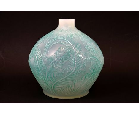 Rene Lalique, an opalescent glass Plumes vase, model 944, designed circa 1920, with turquoise staining, intaglio R. Lalique, 