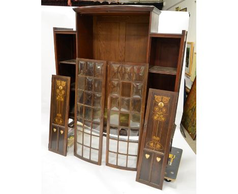 Shapland and Petter, an Arts and Crafts mahogany display cabinet, doors inlaid with mother of pearl and fruit woods, 153cm hi