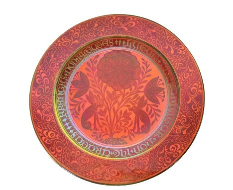 William S Mycock for Pilkington, a Royal Lancastrian lustre charger, 1919, the main surface with red and orange William De Mo