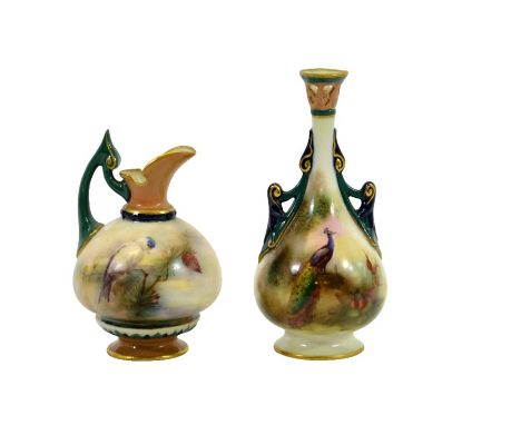 Two Royal Worcester and Hadley Worcester miniature vessels, including a twin handled bottle vase, painted with peacock, 1905,