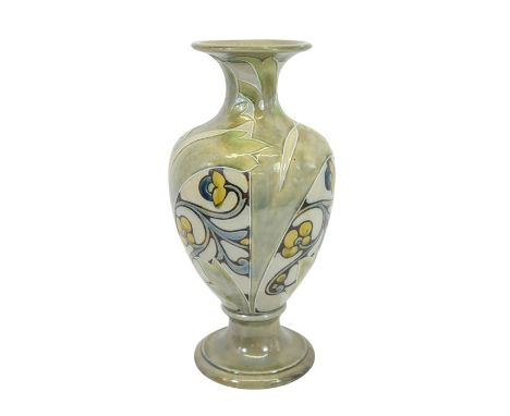 Mark V Marshall for Royal Doulton, a stoneware footed vase, circa 1907, baluster form, green glazed with tubelined and slip d