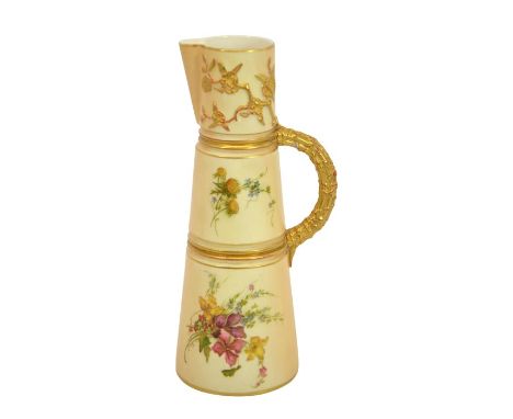 A Royal Worcester blush ivory bamboo jug, 1903, painted with floral sprays, moulded handle and lip, green marks 17049, 22.5cm