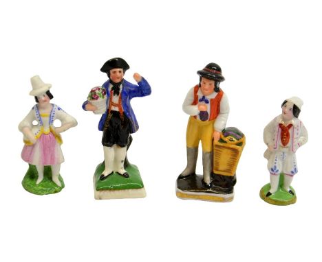 Four Sitzendorf and Thuringian miniature figures, including grape and flower sellers and a pair of German costume figures, 6c