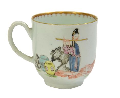 A Worcester porcelain polychrome coffee cup, painted with Oriental figures, circa 1770, 6cm high