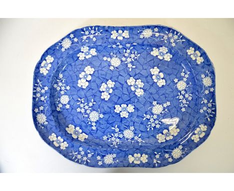 A Spode blue and white platter, cracked ice and prunus design, impressed mark, 47cm x 36cm