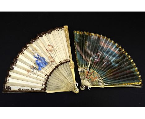 λ A group of six assorted sets of Chinese and European ivory fans and fan mounts, including an early 18th century ivory fan, 