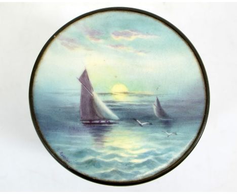Raymond Rushton for Royal Worcester, a ceramic plaque lidded pewter box, cylindrical form, painted with a marine view of boat