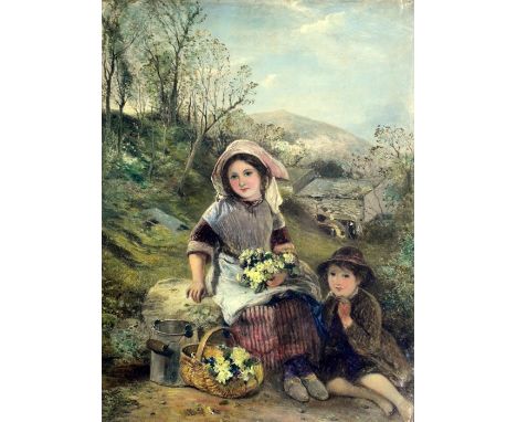 Thomas Falcon Marshall (1818-1878), Gathering Primroses, oil on canvas, signed and dated 1857, 46cm x 34cm, framed        Pro