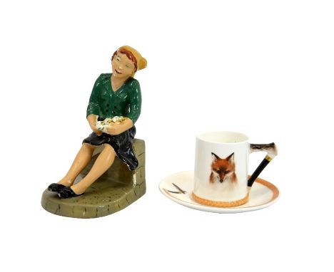 A Wedgwood and Co. figure of a woman with flowers, together with a Royal Doulton hunting coffee can and saucer, relief moulde