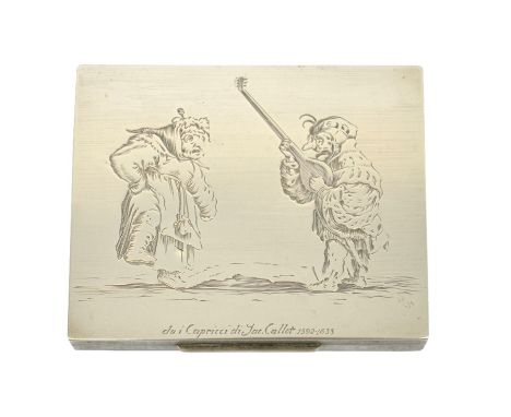 Mario Buccellati, an Italian white metal box, etched with a 17th century engraving, dai Capricci di Jac. Callot (1592-1635), 
