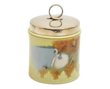 A Locke and Co., Worcester jam pot, painted with a swan on the river bank, signed Bach, with silver plated lid, 12cm high