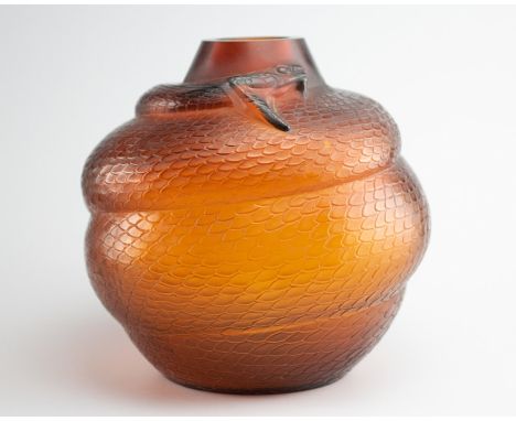 Rene Lalique, an amber glass Serpent vase, model 896, designed circa 1924, intaglio R. Lalique, 27cm high