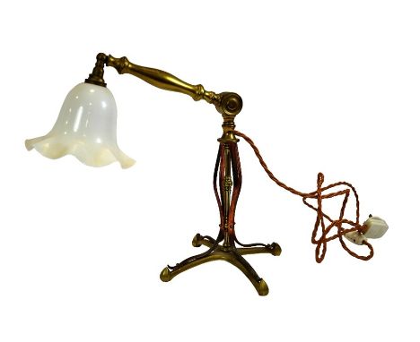 W A S Benson, an Arts and Crafts copper and brass table lamp base, model 224, with later articulated arm and white opaque sha