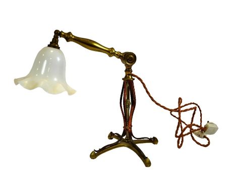 W A S Benson, an Arts and Crafts copper and brass table lamp base, model 224, with later articulated arm and white opaque sha