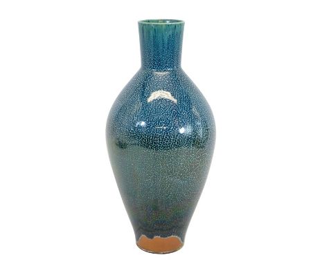 Christopher Dresser for Linthorpe, an Art Pottery vase, shouldered form, crackle effect turquoise draining to green glaze, im