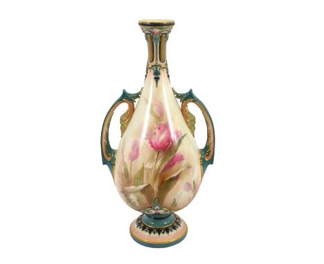 A Hadley Worcester twin handled pedestal vase, baluster form, painted with tulips, to each side, between relief moulded arcad