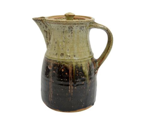 Richard Batterham, a studio pottery coffee jug, with lid, glazed stoneware, incised vertical stripes, 23cm high