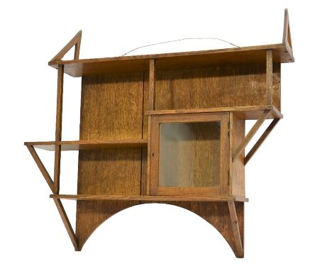 Liberty and Co., an Arts and Crafts oak wall shelf, in the Anglo Japanesque style, circa 1880, asymmetrical glazed cupboard a