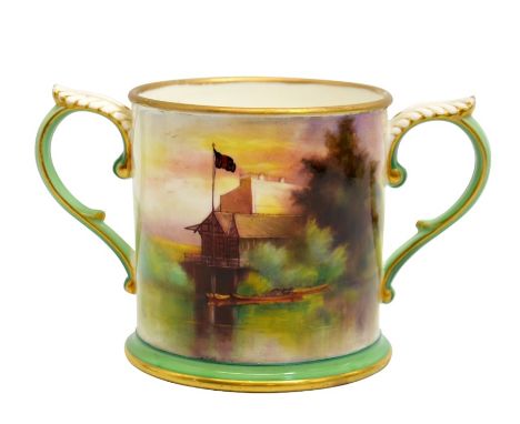 H Martin for Royal Worcester, a twin handled commemorative tankard, Worcester Rowing Club Regatta 1909, painted with a scene 