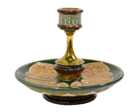Frank Butler for Doulton Lambeth, a stoneware candlestick with brass fitting, sgraffito decorated with foliate cartouches, gr