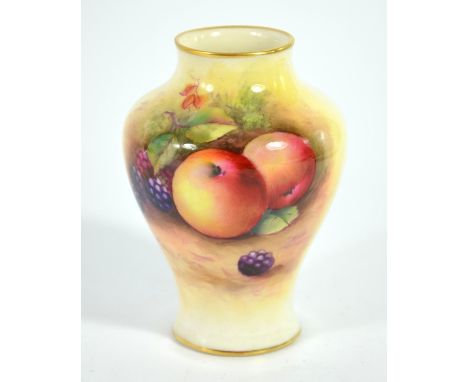George Moseley for Royal Worcester, a fruit painted vase, 1933, inverse baluster form, apples and blackberries, signed, puce 