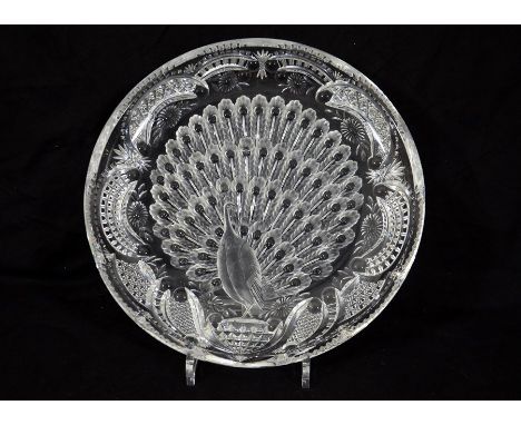 A cut glass dish decorated with a peacock, Continental, 20th century, intaglio, hobnail and mitre cut, with acid etched and e