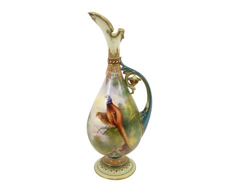 A Hadley Worcester ewer, pedestal baluster form, painted with pheasants on branches, between relief moulded foliate borders, 