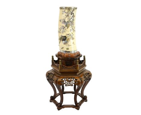 λ A large Japanese Shibayama ivory tusk vase, Meiji, decorated with birds in flowering branches, set with carved and stained 