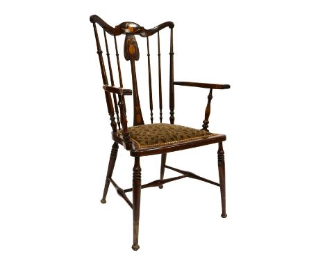 Liberty and Co., an Arts and Crafts mahogany and inlaid armchair, comb back form with knop turned spindles and satinwood and 