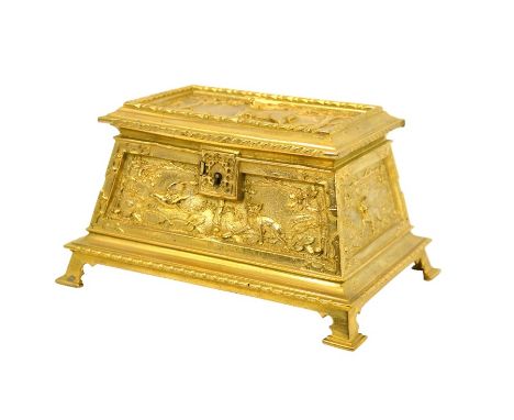 A relief moulded cast gilt metal casket, French, 19th century, modelled with game animals to each side, on bracket feet, 20cm