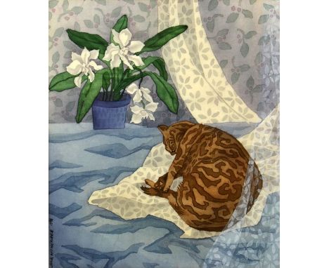 Jane Witheridge (b.1965), two pictures of Two Cats at a Window and Sleeping Cat, batik and silk painting, signed, largest 38c