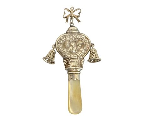 A George V Scottish silver and mother of pearl rattle, embossed with Tom Thumb to each side, with wo pierced bells, suspended