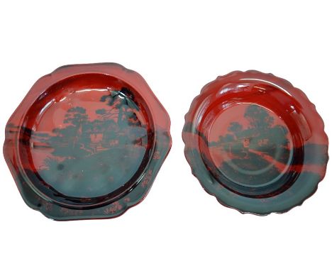 Two Royal Doulton Flambe bowls, each with a cottage design, ogee borders and one with bracket feet, incised marks to one, 820