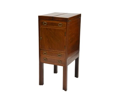 A Regency mahogany and satinwood strung toilet chest, circa 1810, the double hinged top opening to reveal a basin compartment
