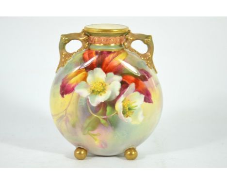 Frank Roberts for Royal Worcester, a flower painted pilgrim flask or moonflask vase, 1903, relief moulded green and gilt hand