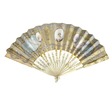 A late 19th/early 20th century fan, the guards and sticks silvered and gilt, the leaf hand painted with three female portrait