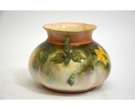A Hadleys Worcester vase, twin handled lobed form, painted with flowers, 11cm high 