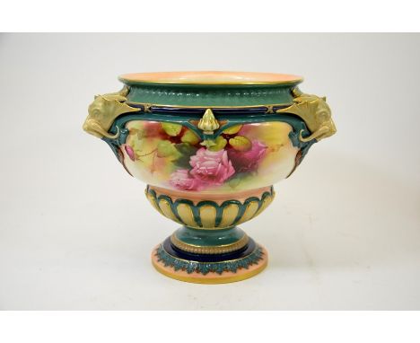 A Royal Worcester Hadleys rose painted pedestal bowl, 1908, relief moulded grotesque marks to the rim, painted by Lewis, gree