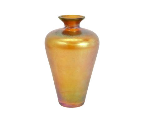 WMF, a Myra iridescent glass vase, circa 1910, shouldered form, pink and amber iridescent finish, 17cm high