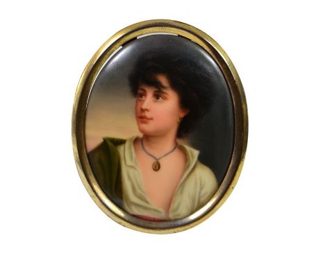 A Hutschenreuther painted porcelain plaque, in the Vienna style, circa 1880, of a woman, impressed mark, 8.5cm x 6.5cm, frame
