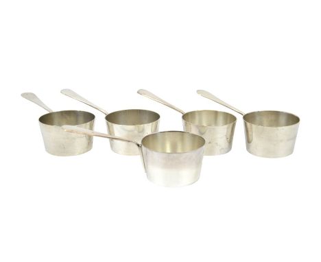 A set of five silver plated miniature sauce pans or toddy pans, William Hutton, A1 plate, 12986, 5.5cm diameter, 11.5cm long 