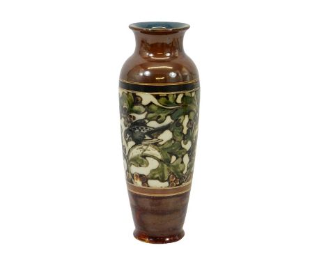 Mark V Marshall for Royal Doulton, a stoneware vase, circa 1905, elongated shouldered form, decorated with a band of birds in