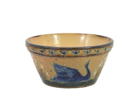 Florence Barlow for Doulton Lambeth, a stoneware lamp bowl, sgraffito decorated with swans on a lake with flowers, incised ma