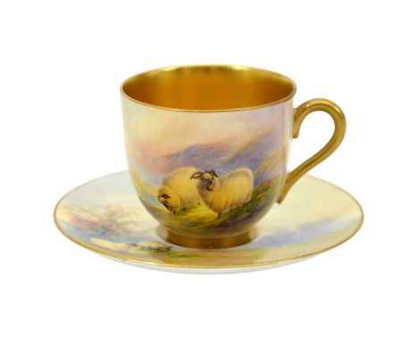 Ernest Barker for Royal Worcester, a cabinet coffee cup and saucer, painted with long horn sheep in landscapes, 1922, gilt in