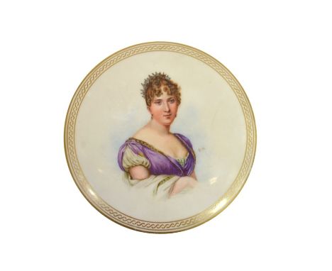 A Continental porcelain box, circular form, painted with a half portrait of Hortense de Beauharnais, Queen of Holland, after 