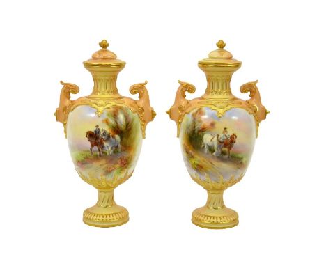 Harry Davis for Royal Worcester, a pair of blush ivory pedestal vases painted with heavy Shire horses with figures, 1907, twi